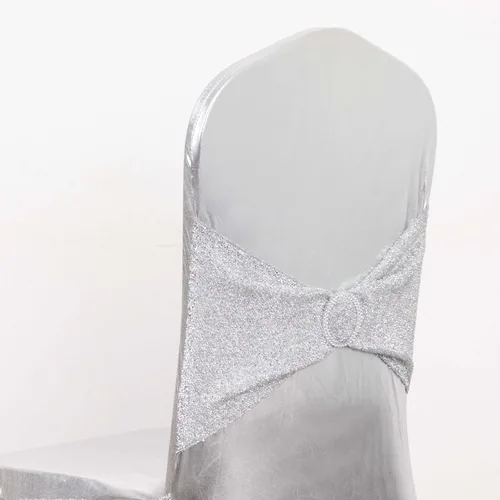 Vista 10 de Efavormart - Funda para silla de banquete de elastano beige con banda de hebilla de diamantes de imitación plateados, funda elástica para silla