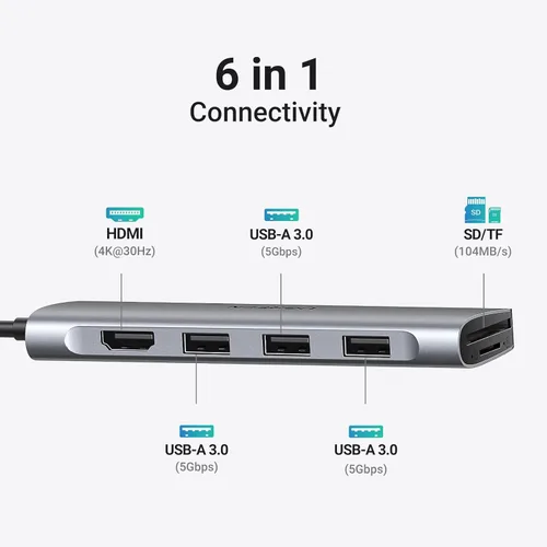 Vista 2 de UGREEN Revodok Hub USB C 6 en 1 USB C Dongle 4K HDMI, 3 puertos USB 3.0, lector de tarjetas SD/TF compatible con MacBook Pro, MacBook Air, iPad