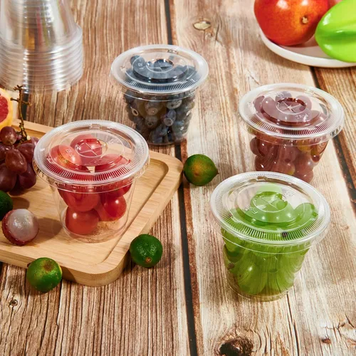 Vista 7 de Vplus Paquete de 200 vasos de plástico PET de 9 onzas con tapas planas, vasos de plástico desechables de cristal para parfait, frutas, postres