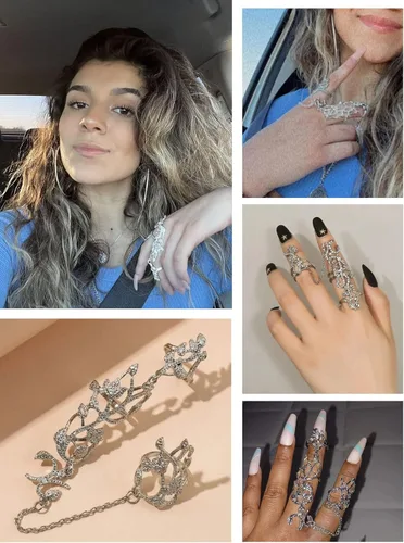 Vista 5 de Anillo de dedo completo para mujer, cadena de mano, dije de hoja, anillo de dedo con cadena nudillo, anillo de dedo largo abierto, cadenas de mano