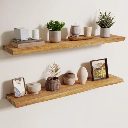 Vista 11 de Axeman Estantes flotantes de madera de olmo rústico para pared, estante de pared de 48 x 8 pulgadas de profundidad con soporte invisible, estantes