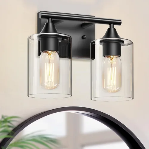 Vista 3 de Accesorios de iluminación para tocador, luces de baño de 2 focos sobre espejo, apliques modernos de pared con pantalla de vidrio transparente