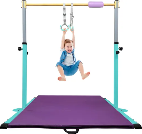Vista 7 de Adjustable Gymnastics Bar for Kids with Mat - Sturdy Kip Bar with Rings, Horizontal Bar for Home Training, 3'-5' Height, Ages 3-15, 250 LBS