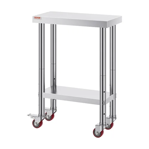 Vista 9 de Vevor Mesa de trabajo de acero inoxidable con ruedas de 24 x 12 x 32 pulgadas, mesa de preparación con 4 ruedas, mesa de trabajo resistente