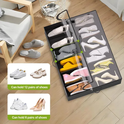 Vista 4 de homyfort Under Bed Shoe Storage with Wheels, Fits 24 Pairs, Rolling Shoe Organizer with Bottom Support & Clear Lids, Sturdy Under Bed Storage Box