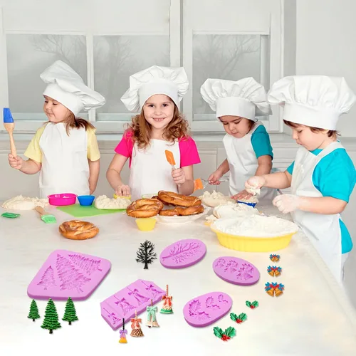 Vista 5 de Molde de silicona para árbol de pino, moldes de fondant de campanas de Navidad, molde para hornear chocolate con hojas de acebo para decoración