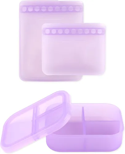 Vista 11 de Bumkins - Caja Bento de silicona - 3 secciones y tapa a prueba de fugas - Apto para alimentos - Juego de 2 - Lavable, apto para microondas, Azul