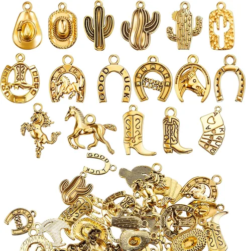 MTLEE 100 dijes de vaquero occidental para fabricación de joyas, aleación antigua, vaquero, sombrero de bota, caballo, cactus, colgante occidental