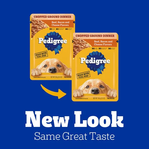 Vista 3 de PEDIGREE Chopped Ground Dinner Comida húmeda y suave para perros adultos, sabor a carne de res, tocino y queso, bolsas de 3.5 oz, paquete de 16
