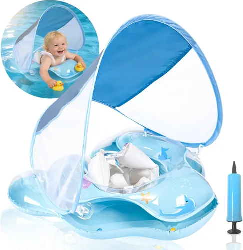 Baby Pool Float with UPF50+ Sun Protection Canopy, Inflatable Baby Float with Adjustable Safety Seat for Toddler from 6 to 36 Months, Baby Swim Blue