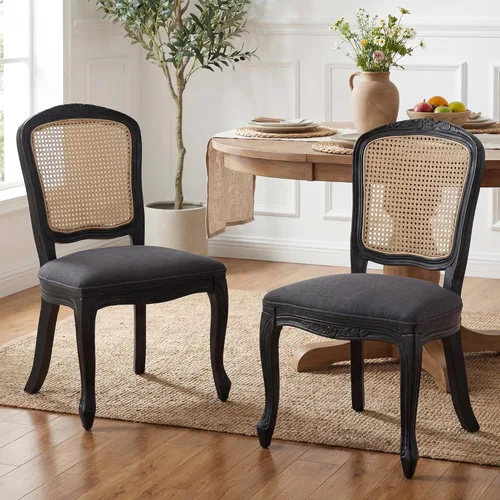 Vista 14 de Juego de 2 sillas de comedor de cuero estilo granja con respaldo redondo de ratán para comedor, sala de estar, restaurante, cocina, color marrón