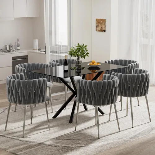 Vista 31 de Juego de comedor moderno de vidrio de lujo de 5 piezas, juego de comedor rectangular minimalista para 4, juego de mesa de cocina de vidrio