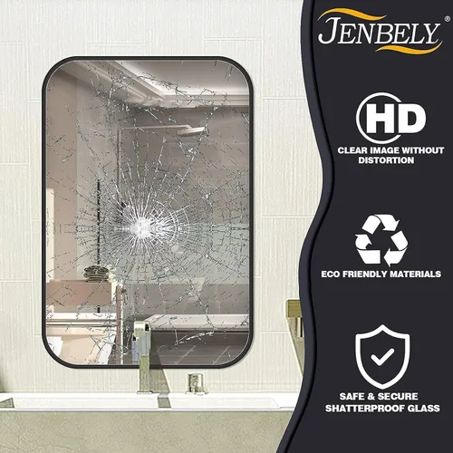 Vista 5 de Espejo de pared negro de 16 x 24 pulgadas para baño, espejo con marco de metal cepillado con esquina redondeada, espejo rectangular de tocador