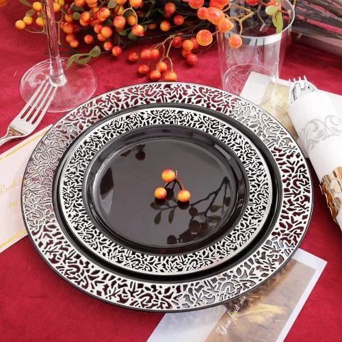 Vista 4 de LIYH 350 platos de plástico negro y plateado, juego de vajilla de plástico plateado, cubiertos desechables, platos negros con servilletas