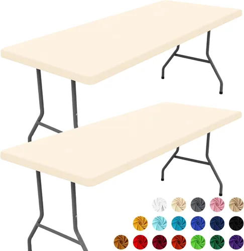 Vista 48 de Moosfor Paquete de 2 manteles rectangulares de elastano de 4 pies, elásticos y ajustables para pícnic, cubierta de mesa de patio elástica y lavable