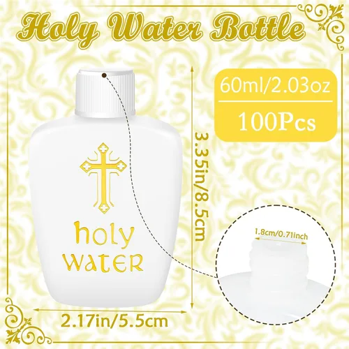 Vista 2 de 100 botellas de agua bendita de plástico de 2 onzas, recipientes vacíos con cruz dorada para católicos, cristianos, Halloween, primera comunión
