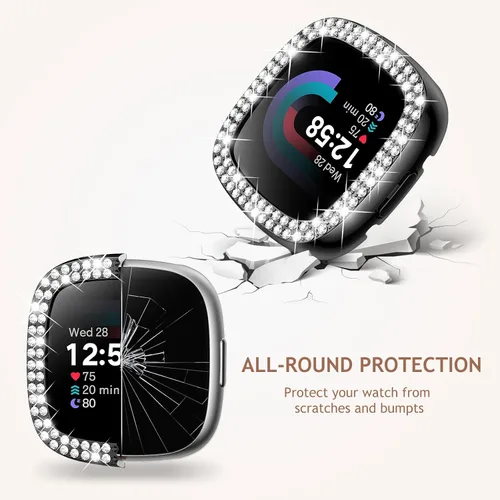 Vista 3 de Dsytom Bling Banda de Reloj Elegante Compatible con Fitbit Versa 4, Sense 2, Versa 3, Sense - Correa Linda con Funda Protectora de Rinstone