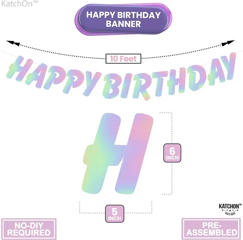 Vista 7 de KatchOn, Telón de fondo iridiscente con pancarta de feliz cumpleaños preencordada, paquete de 3, serpentinas iridiscentes, letrero holográfico