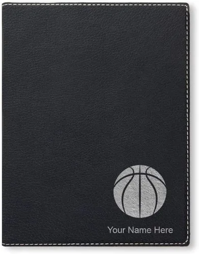 Bloc de notas pequeño de 7 x 9 pulgadas, pelota de baloncesto, grabado personalizado incluido (negro con plata)