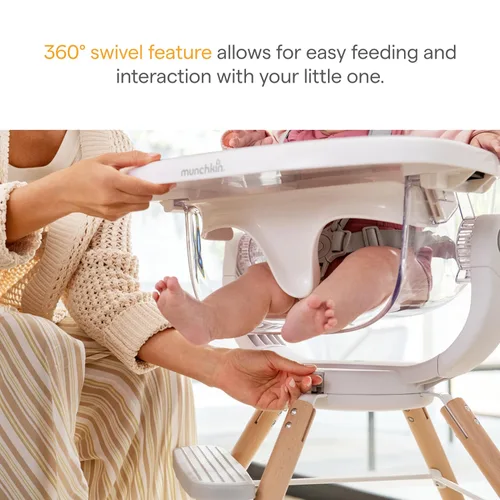 Vista 4 de Munchkin® 360° Cloud™ Silla alta para bebé y niño pequeño con asiento transparente y giro de 360°, color blanco y gris con patas de madera