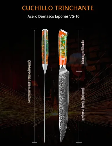 Vista 5 de Cuchillo para cortar carne de acero Damasco VG10 de 9 pulgadas, mango naranja de fantasía de resina Cuchillo para rebanar naranja fantasía
