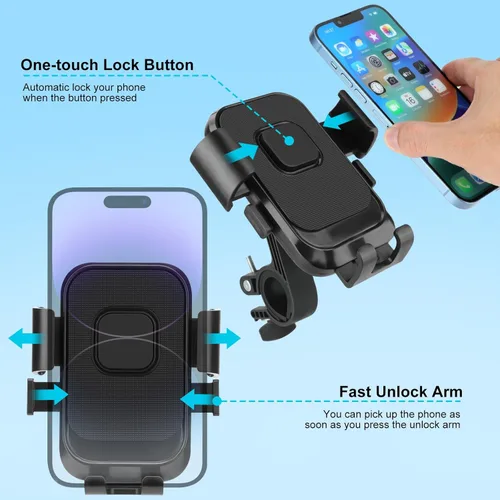 Vista 8 de Kairiyard Soporte de teléfono para motocicleta, 1s con bloqueo automático para teléfono, manillar de bicicleta, soporte de teléfono celular