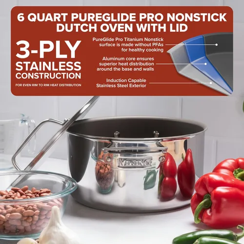 Vista 2 de Viking PureGlide Pro - Horno holandés antiadherente de 3 capas con tapa, fabricado sin PFAS, olla de inducción de 6 cuartos de galón, superficie