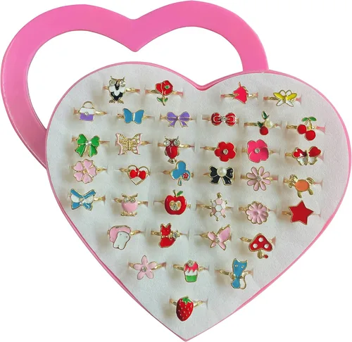 monochef 36 piezas de anillos de joyería para niñas pequeñas en caja, ajustables, sin duplicación, para niños y niñas, juego de disfraces, princesa,