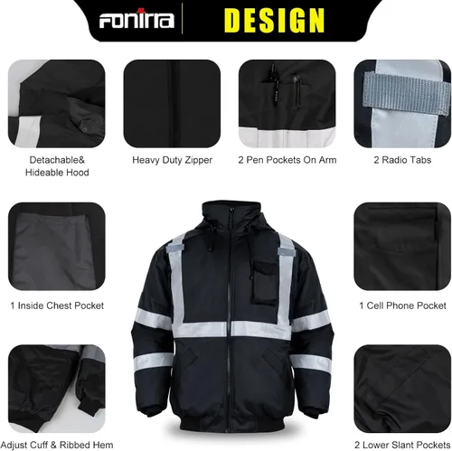 Vista 3 de FONIRRA - Chaquetas bomber de alta visibilidad con forro polar, ANSI Clase 2, chaqueta reflectante impermeable para hombres Negro