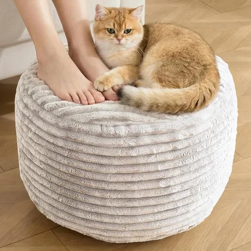 Puf redondo otomano, pufs de pana con relleno de espuma viscoelástica para reposapiés, reposapiés suave para sala de estar, oficina, 20 x 15 Beige