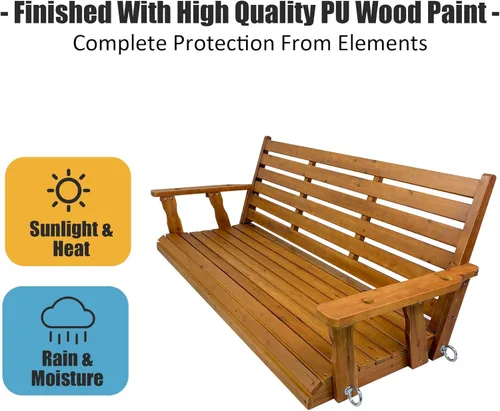 Vista 5 de Columpio de madera para porche, asiento ergonómico, columpio de banco con cadenas para colgar y resortes de 0.276 in, resistente, 800 libras