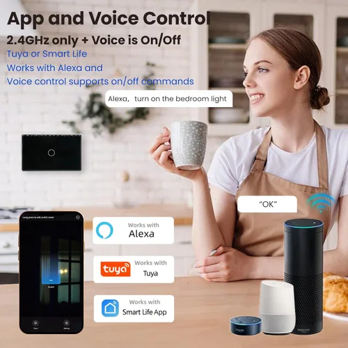 Vista 4 de Marco de aluminio de interruptor inteligente, panel de vidrio 2.5D, cable neutro de una sola banda, WiFi de 2.4 GHz, funciona con Tuya/vida