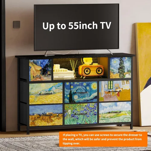 Vista 4 de Cómoda Fixwal para dormitorio de niños con tomas de corriente y luces LED, cómoda Van Gogh negra de 55" con soporte para TV y 8 cajones, cómoda