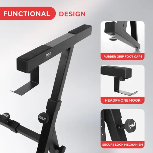 Vista 6 de Pyle PKST38 - Soporte de teclado plegable resistente, diseño Z reforzado con ancho y altura ajustables, brazos acolchados de espuma, soporte