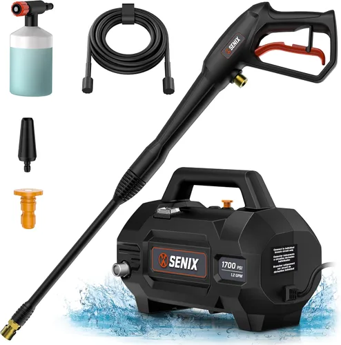 SENIX Lavadora a presión eléctrica de 13 amperios, 1700 PSI, 1.2 GPM, compacta con cañón de espuma, pistola de pulverización, manguera de 20 pies,