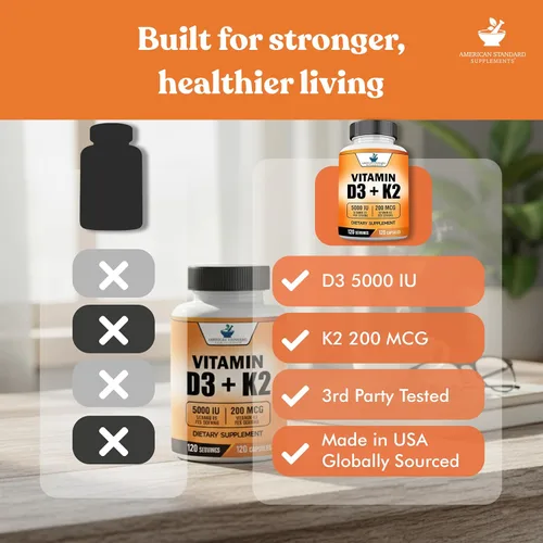 Vista 5 de American Standard Supplements Vitamina D3 5000 UI (125mcg) más vitamina K2 (MK7) 200mcg por cápsula - Sin gluten, sin OMG, 120 cápsulas, 120