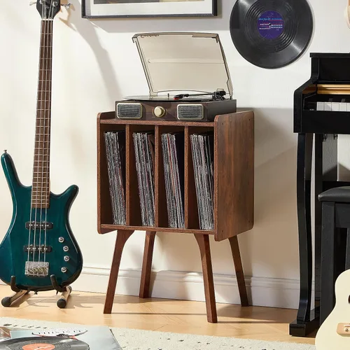 Vista 9 de LELELINKY - Soporte para tocadiscos de 11.7 pulgadas de ancho, mesa de almacenamiento para discos de vinilo color negro con 4 gabinetes, almacena
