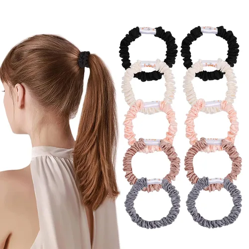 Vista 2 de Bandas elásticas de satén de seda para el cabello, pequeñas y delgadas para coleta, bandas elásticas para el cabello rizado grueso, sin arrugas