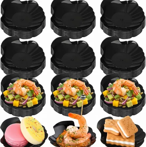 Gerrii 100 platos de aperitivo de plástico negro de 3.31 pulgadas, platos desechables de ostras, ideales para servir en fiestas o eventos