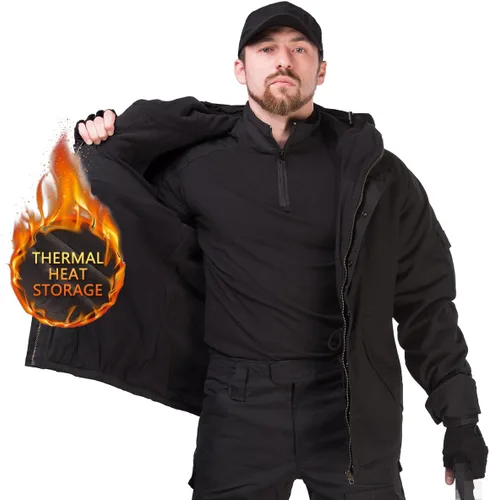 Vista 2 de HANWILD Chaqueta militar para hombre, abrigos tácticos de invierno con capucha de forro polar cálido para senderismo al aire libre