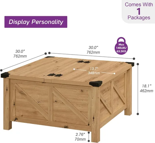 Vista 3 de WAMPAT Mesa de café cuadrada de granja con almacenamiento para sala de estar, mesa central de comedor de 30x30 pulgadas de madera con tapa abatible