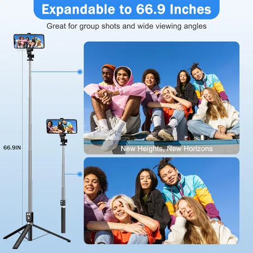 Vista 3 de Palo selfie con trípode y luz de relleno, palo selfie para teléfono, diseño duradero de acero inoxidable, control remoto Bluetooth y soporte estable