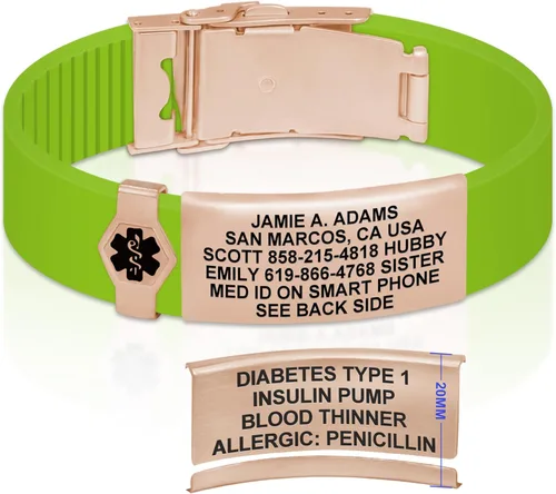 Vista 44 de Divoti Pulsera de identificación de alerta médica grabada personalizada, grabado láser de doble cara (hasta 9 líneas), pulsera de silicona ajustable