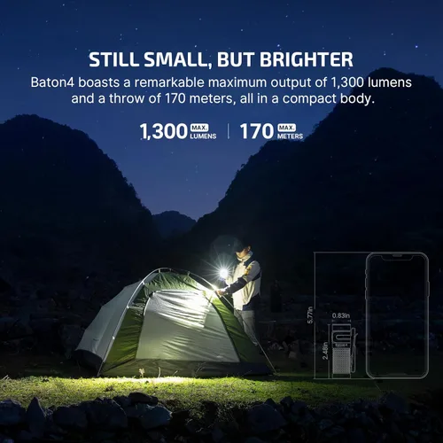 Vista 2 de OLIGHT - Linternas Baton4 Edición Premium EDC de 1300 lúmenes con caja de carga Type-C, alimentadas por batería recargable, luz pequeña y brillante