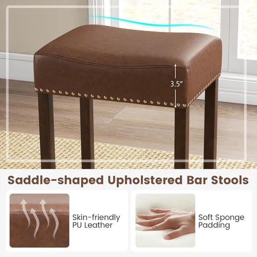 Vista 3 de Giantex Juego de 2 taburetes de bar de 24 pulgadas en forma de silla de montar, taburetes de cuero sintético con reposapiés, taburetes de bar