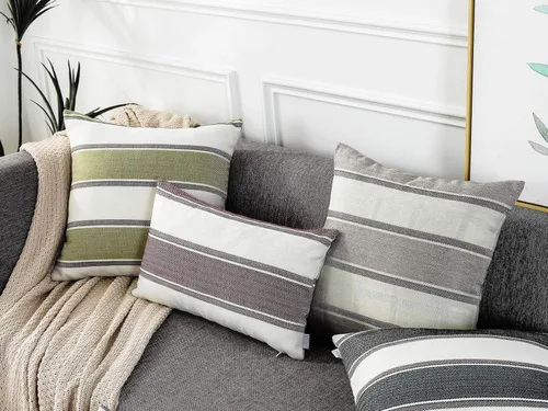 Vista 4 de AmHoo Paquete de 2 fundas de almohada decorativas de lino estilo rural, cojín con decoración a rayas búfalo retro, funda de almohada con cremallera