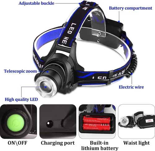 Vista 7 de Foleto Linterna frontal LED recargable, lámpara de cabeza brillante de 600 lúmenes con 3 modos, IPX4 impermeable, ajustable a 90°, faro con zoom