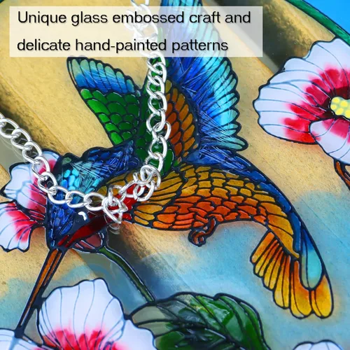 Vista 5 de Atrapasoles de Colibrí de Vidrio Pintado para Colgar en Ventanas, Atrapasoles para Ventana, Atrapasoles de Colibrí y Flores, Panel de Vidrio Pintado