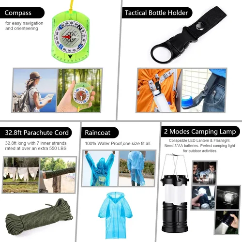 Vista 5 de Kit de supervivencia de emergencia, 151 piezas de equipo de supervivencia, kit de primeros auxilios, bolsa de trauma al aire libre con linterna