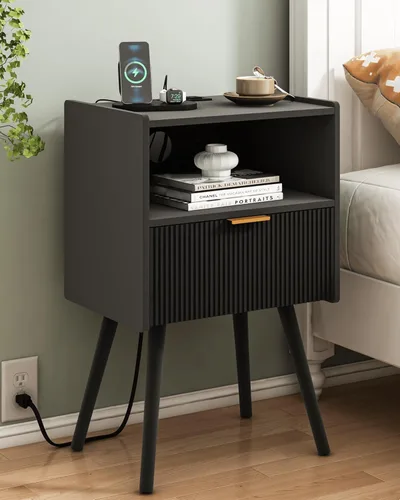 Vista 13 de JOONEE Mesita de noche negra, moderna mesita de noche con cajón de almacenamiento y estante de madera abierta, para sala de estar, dormitorio